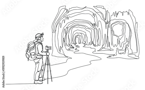 Adventurer with camera explores a mysterious cave interior, perfect for travel or exploration themes