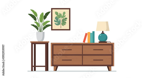 Minimalist vector illustration of mid-century modern furniture featuring a wooden four-drawer dresser, a side table with a potted houseplant, framed leaf art, books, and a lamp.