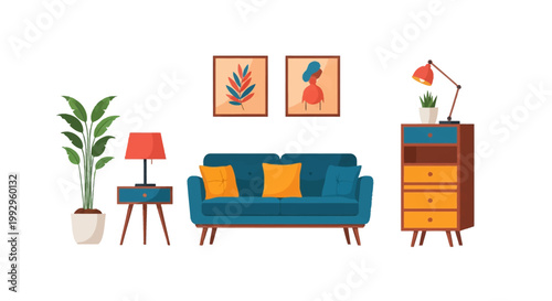Flat vector illustration of a modern living room interior featuring a teal sofa with yellow pillows, wooden dresser, side table with red lamp, tall potted plant, and framed wall art.