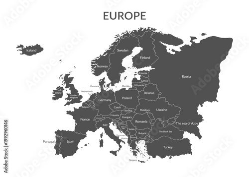 Detailed black political map of the European countries and nearby regions isolated on white15. Vector flat background.