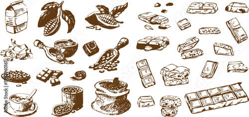 Hand Drawn Chocolate Illustration Collection with Sketch Bars, Pieces and Doodle Style Sweet Elements Vector