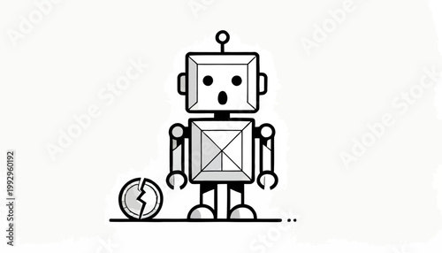 Robotic friend looking worried after breaking a coin in half, representing financial difficulty or unexpected costs