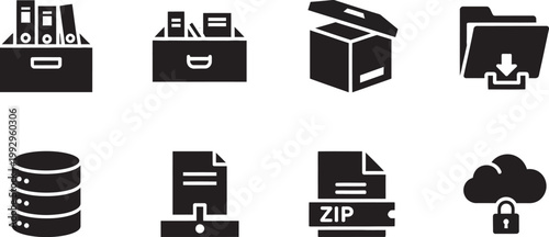 Black glyph icons representing various data storage and file management concepts