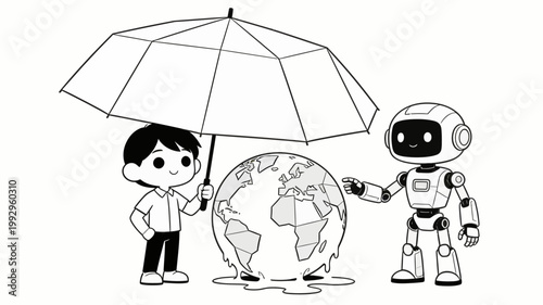 A young boy and a friendly robot team up to protect a melting Earth under an umbrella, symbolizing human-AI collaboration for environmental preservation and climate action