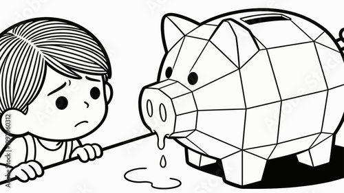 Child's financial heartbreak A poignant illustration of a young boy watching his polygon-style piggy bank slowly leak its precious savings, depicting early economic struggles