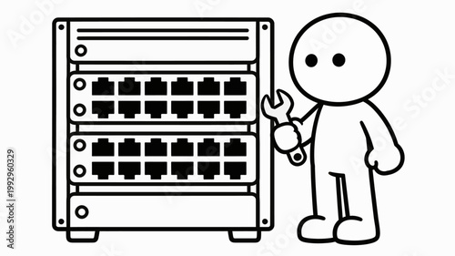 Dedicated IT technician character with a wrench performing essential network server rack maintenance or installation, illustrating infrastructure support and technical service