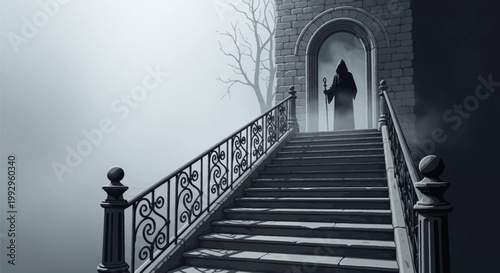 Digital illustration of a hooded cloaked figure holding a staff in a stone archway at the top of an outdoor stone staircase with ornate iron railings in a foggy atmosphere.