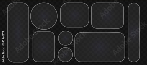 Transparent glass frames featuring sleek morphism style, ideal for buttons, cards, and interface elements in modern app design with elegant blur effects and clean shapes.
