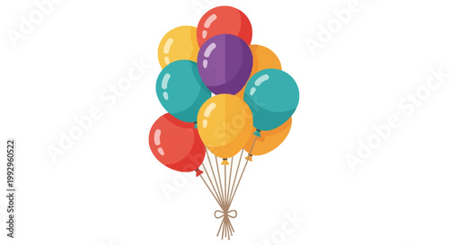 Bunch of colorful helium balloons in flat vector style including red, orange, yellow, teal, and purple colors tied together with brown strings isolated on white background.