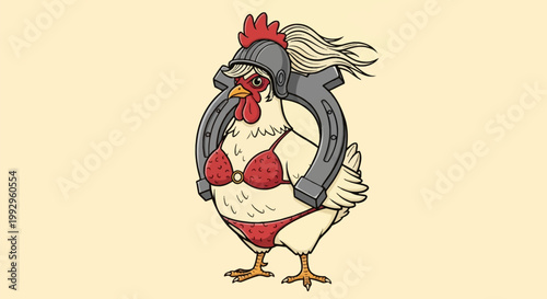 Cartoon illustration of a white chicken wearing a red polka-dot bikini and a medieval knight helmet with a plume, carrying a large grey metal horseshoe on its neck and shoulders.