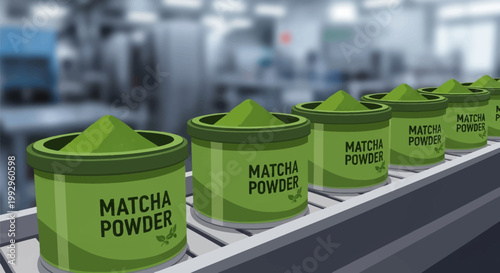 Vector illustration of a manufacturing production line featuring green canisters filled with mounds of matcha powder on a conveyor belt, industrial packaging in a factory setting.