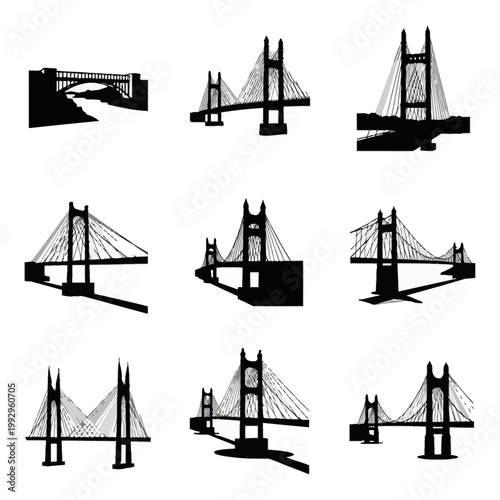 Collection of nine black vector silhouette illustrations of various bridge designs including cable-stayed, suspension, and arch structures isolated on a plain white background.