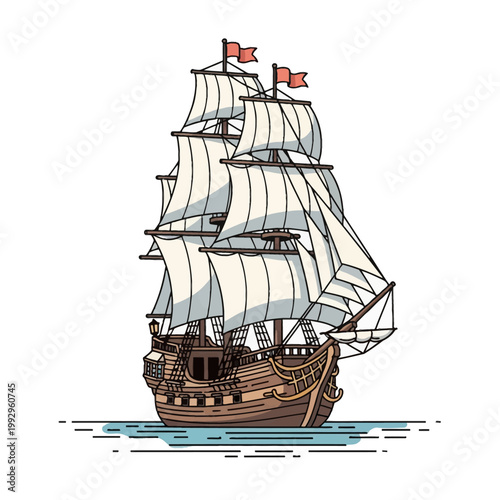 Vintage wooden sailing ship vector illustration with three masts, full white square sails, red pennant flags, and detailed brown hull rigging, floating on calm water, isolated on white.