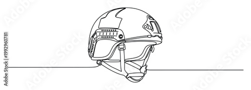 Continuous line drawing of a tactical military helmet, perfect for defense related publications or graphic design projects
