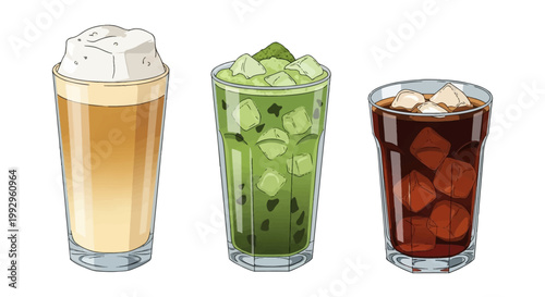 Vector illustration of three iced beverages in glasses: an iced latte with foam, a green matcha latte with ice cubes, and a cold brew black coffee with ice, isolated on white background.
