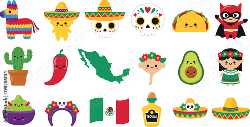 Mexican Fiesta Icon Set with Piñata, Taco, Cactus, Avocado, Sombrero, and Day of the Dead Sugar Skulls for Party, Culture, and Celebration Designs