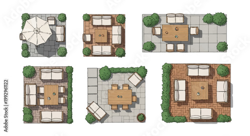 Set of six top-down view architectural landscape illustrations of outdoor patio designs featuring garden furniture, wooden dining tables, seating areas, stone pavers, and greenery.