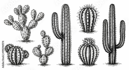 Collection of diverse desert cacti species including saguaro, prickly pear, and ribbed barrel cactus, hand-drawn in a vintage black and white engraving style with fine line detail.