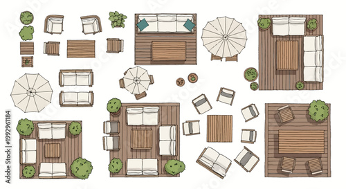 Hand-drawn architectural plan symbols for outdoor patio furniture and garden landscaping, featuring wooden decks, sofas, armchairs, tables, umbrellas, and potted plants on white background.