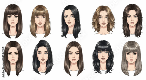 A collection of ten female portraits featuring diverse hairstyles and colors including straight hair with bangs, wavy bob, long layers, and various shades of brown and blonde.