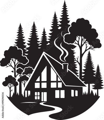 Black and white cabin, forest landscape, vector silhouette, rustic house icon