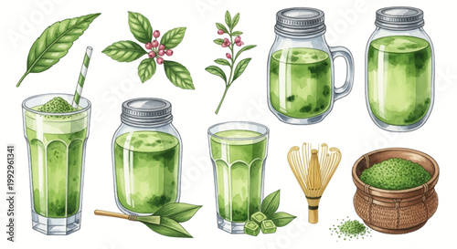 Watercolor illustration collection of green matcha tea drinks in glasses and mason jars, including bamboo whisk, matcha powder in a woven bowl, and botanical green tea leaves.