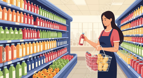 Flat vector illustration of a smiling woman in an apron selecting a juice bottle from a shelf in a grocery store aisle, carrying a shopping basket full of bottled drinks.