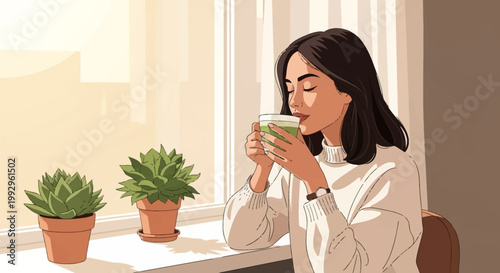 Vector illustration of a young woman with dark hair in a white sweater drinking green matcha tea by a bright window with potted succulent plants on the sunny windowsill.