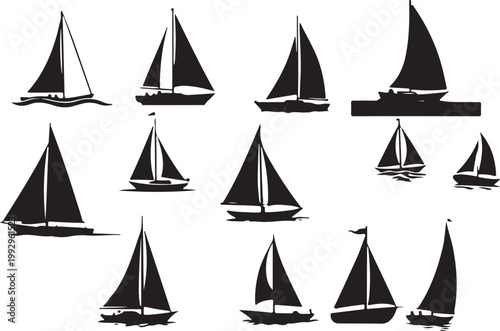 Sailboat icons, black sailboats, vector nautical symbols, boat illustrations