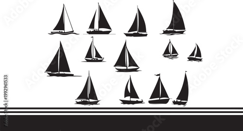 Sailboat icons, black sailboats, vector nautical symbols, sailing vessels