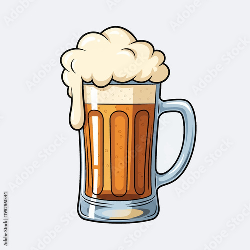Cartoon illustration of a glass beer mug filled with golden amber lager and overflowing thick white foam. Large glass tankard with handle and bubbles on a plain light background.