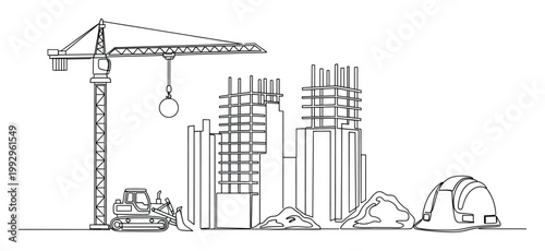 Continuous line drawing of urban construction site with crane and bulldozer for architecture projects