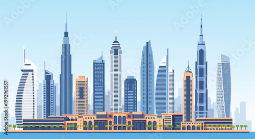 Modern flat vector illustration of the Dubai skyline featuring iconic skyscrapers, luxury hotels, office towers, and waterfront urban architecture with palm trees under a clear blue sky.