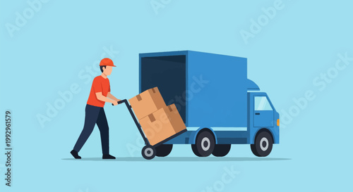 Flat vector illustration of a delivery driver wearing an orange shirt and safety hat, loading cardboard packages from a hand truck into the back of a blue cargo van or truck.
