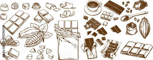 Chocolate Elements Vector Set with Sketch Style, Cocoa Beans, Silhouettes and Assorted Sweet Food Illustrations