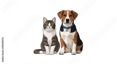 Vector illustration of a domestic tabby cat and a tri-color beagle hound dog sitting side-by-side on a plain white background. Both pets are looking forward in a full body pose.