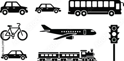 Transportation icons cars bus bicycle plane train and traffic lights