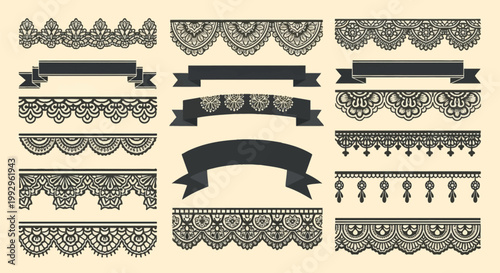 Set of black vector lace trim borders and decorative ribbon banners featuring ornamental floral patterns and scalloped edges for wedding stationery, embroidery, and vintage design.