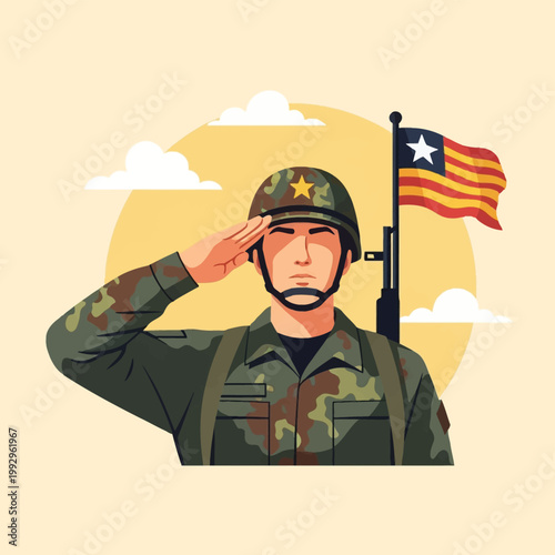 Vector illustration of a male soldier wearing a camouflage uniform and helmet with a star emblem saluting in front of a flag with red and yellow stripes and a white star on black.