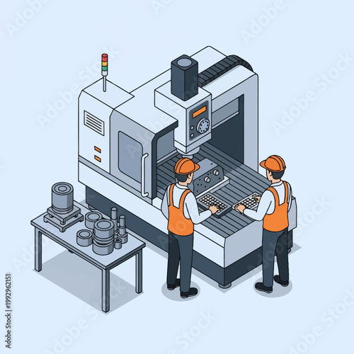 Isometric vector illustration showing two technicians in safety gear operating a large CNC milling machine for precision metalwork next to a table with industrial engine components.