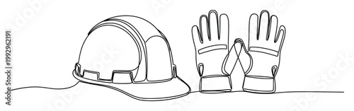 One continuous line drawing of a safety hardhat and work gloves, perfect for construction industry visuals