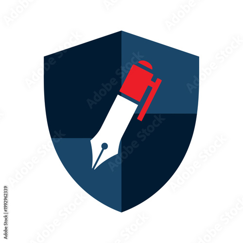 Symbol of security and writing, a blue shield with a red and white fountain pen, representing protection of written content and authorship rights