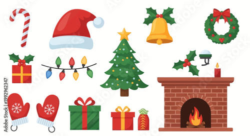 Vector illustration of Christmas icons set including a Santa hat, decorated tree with star, brick fireplace with fire, gift boxes, candy cane, mittens, wreath, and holiday bell.