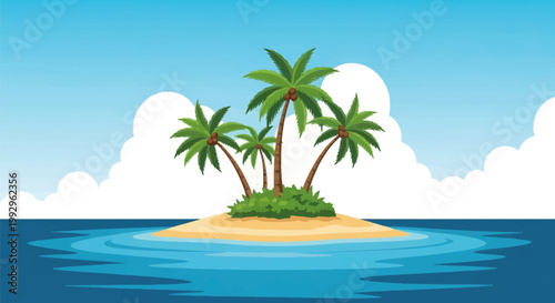 A vector illustration of a small tropical desert island in the middle of the blue ocean featuring four tall palm trees with coconuts, green bushes, white clouds and clear sky.