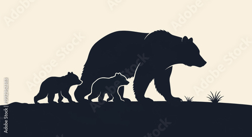 Dark silhouette illustration of a large grizzly bear mother walking alongside two small cubs in profile view on a solid ground with minimalist grass tufts, cream background.