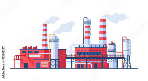 Flat vector illustration of an industrial plant or chemical factory featuring red and white striped smokestacks with smoke, cylindrical storage silos, pipes, and metal walkways.