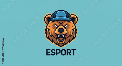 Angry grizzly bear head mascot wearing a blue baseball cap with mouth open showing teeth, bold black ESPORT text underneath, vector illustration on a solid light blue background.