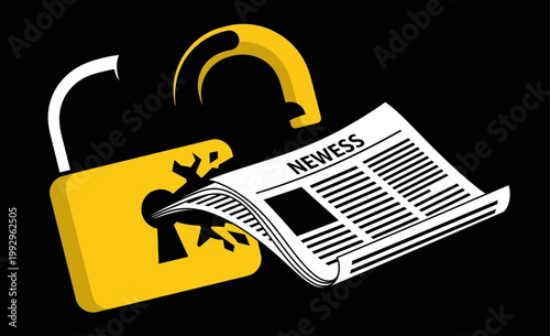 Breaking news and information security visualized an open padlock releasing a newspaper, symbolizing data breaches and unveiled secrets
