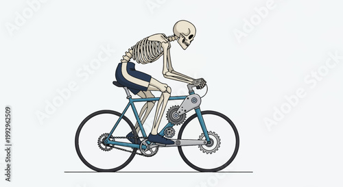 Vector illustration of a human skeleton athlete riding a blue road bicycle with a complex mechanical gear system, wearing cycling shorts, isolated on a white background.