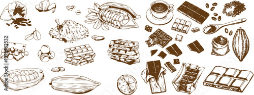 Cocoa Plant and Chocolate Icon Set with Outline, Glyph and Hand Drawn Dessert Illustration Collection Vector